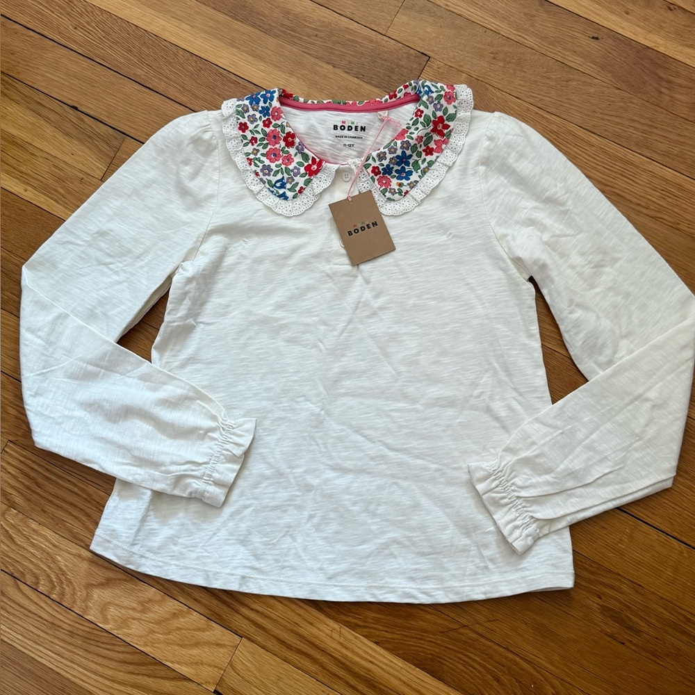 Mini Boden NWT Girls’ 11-12Y Peter Pan Floral Collar Broderie Lace Trim Top